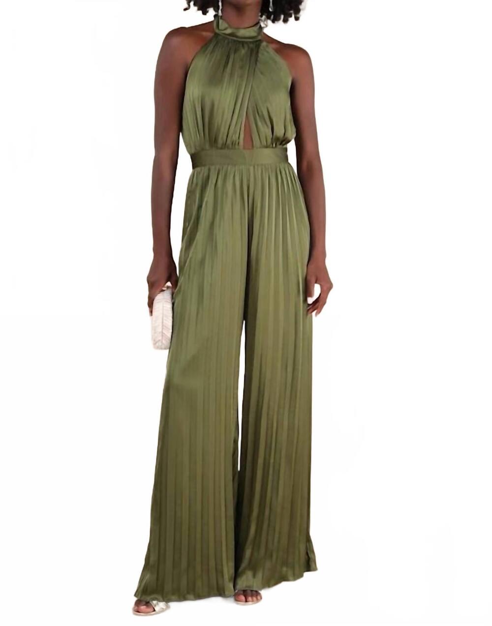 NEW LULUS confident impression satin pleated halter jumpsuit in olive green